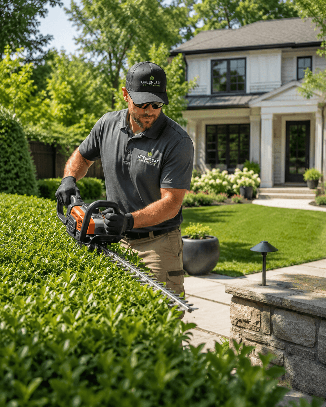 Landscaper maintaining a residential property