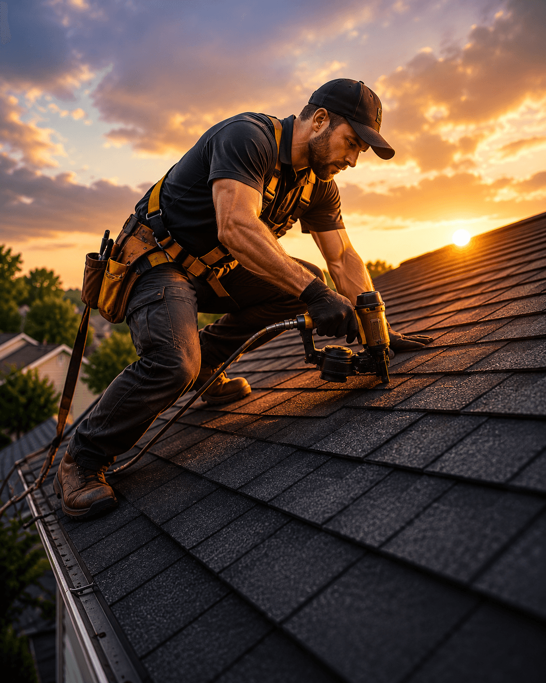 Roofing professional working on a residential roof