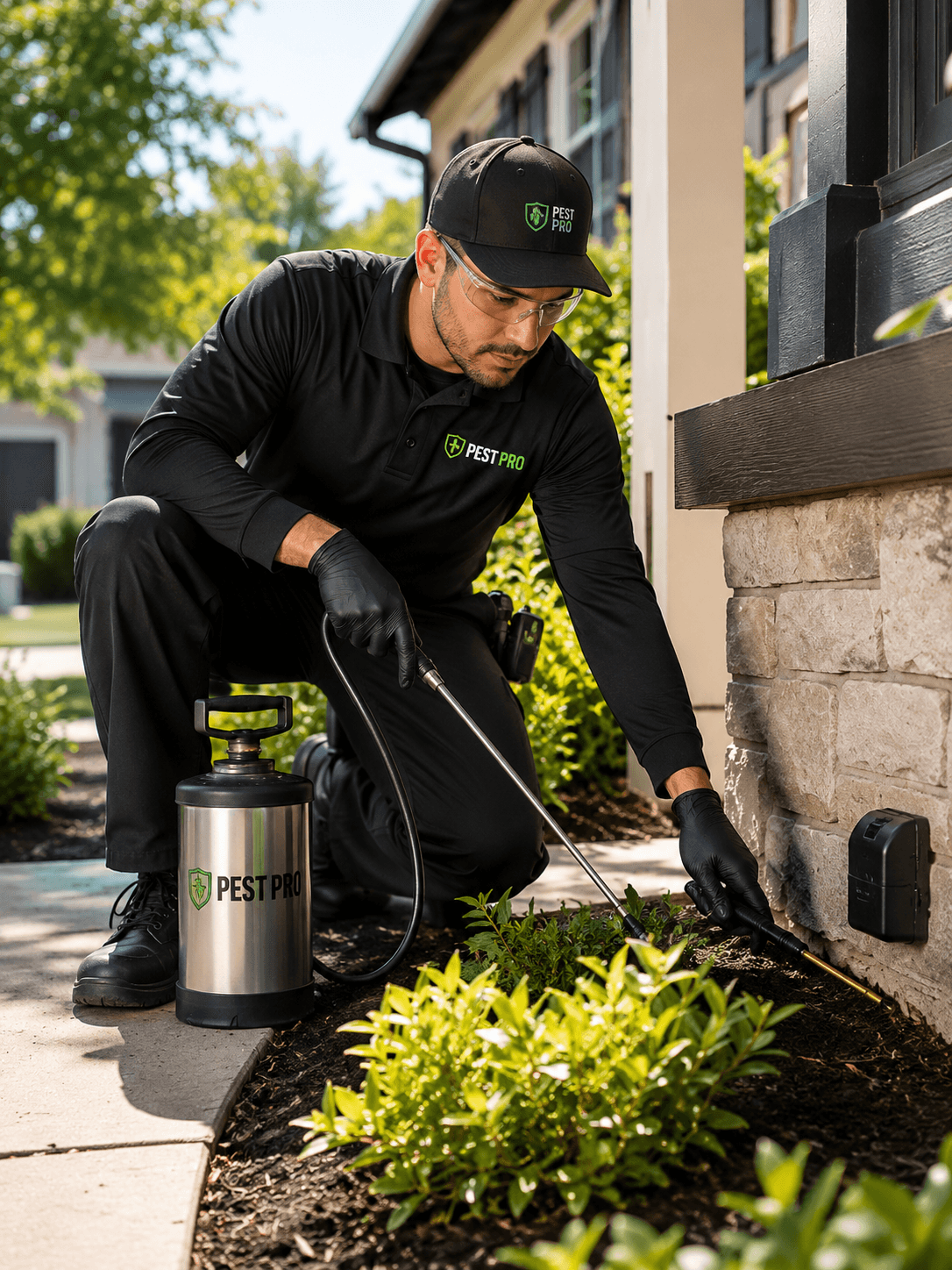Pest control technician treating a home
