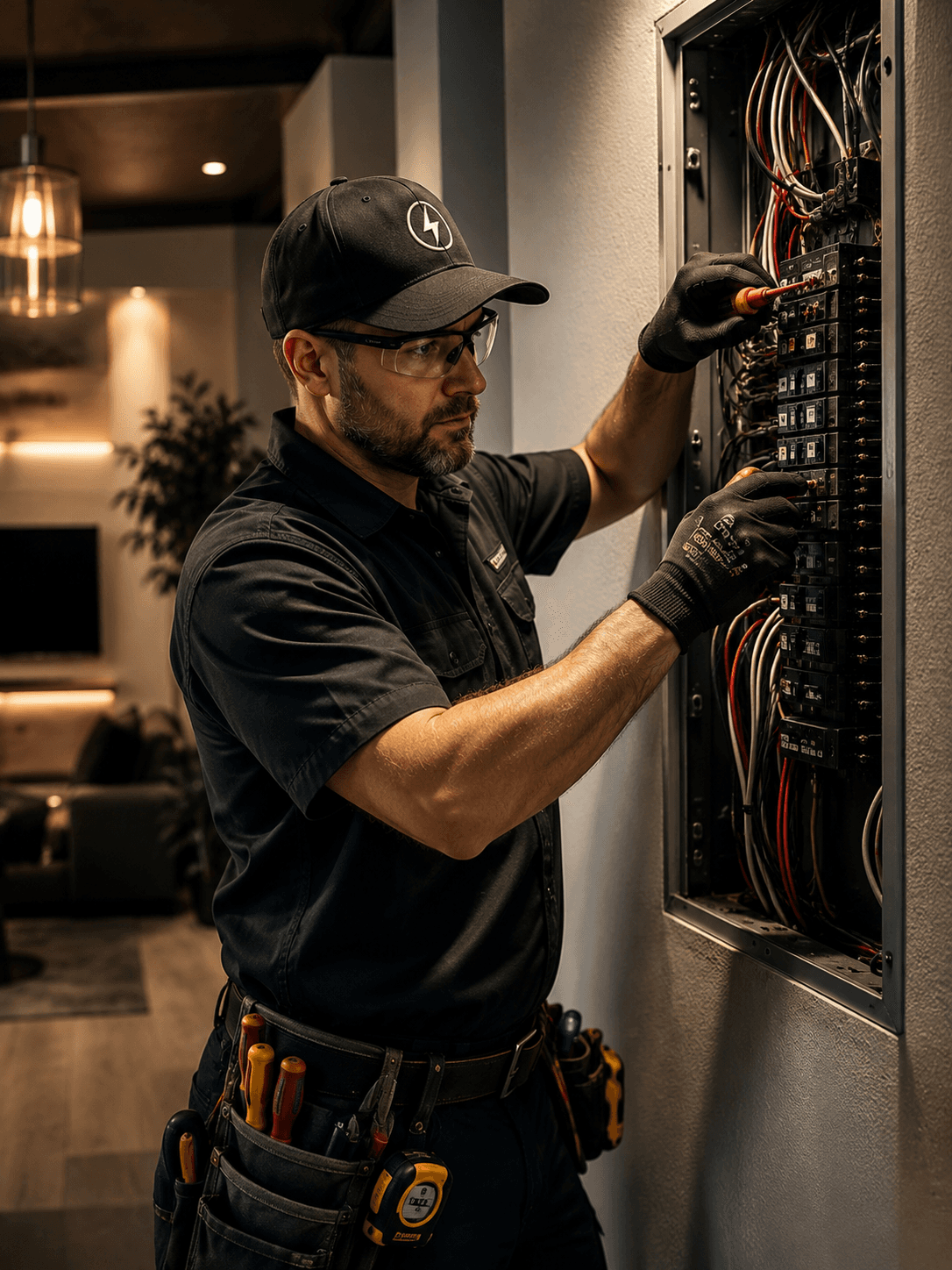 Electrician working on an electrical panel
