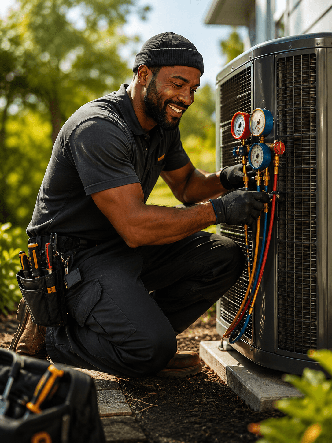 HVAC technician servicing a heating and cooling system