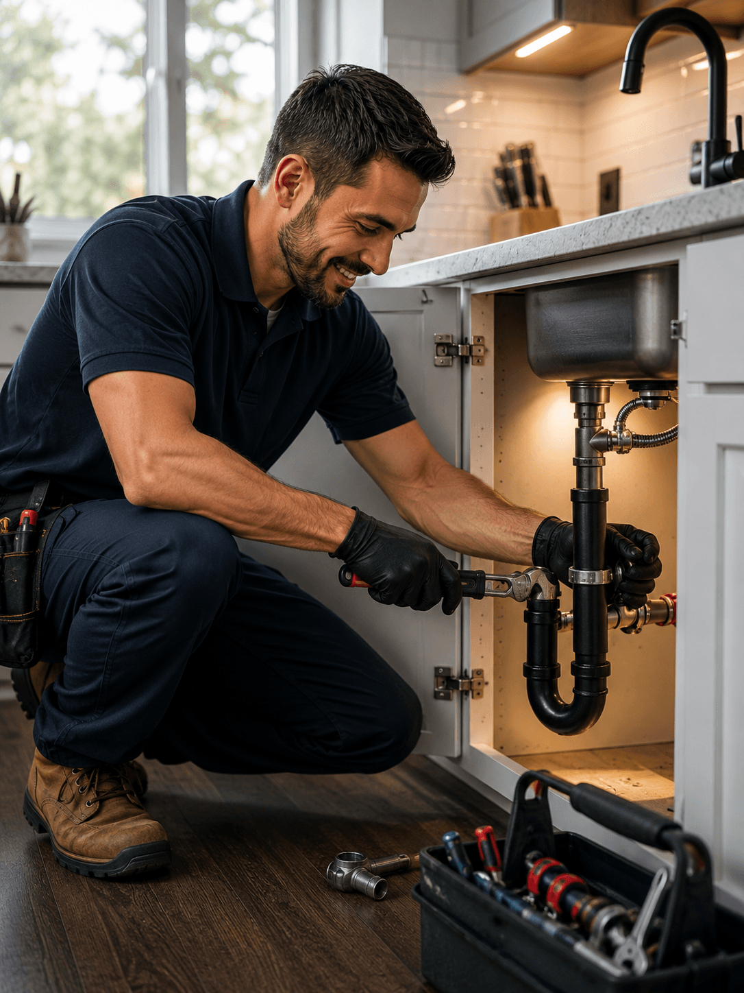 Plumber repairing pipework under a sink